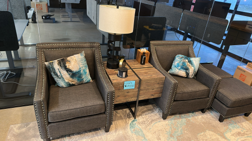 LOT OF (2) SIDE CHAIRS WITH COFFEE TABLE APPROX: 23&rdquo; x 27&rdquo; x 24&rdquo; , (2) OTTOMAN & COAT HANGER