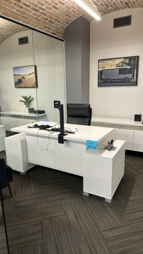 LOT OF ASSTD OFFICE FURNITURE: ADJUSTABLE HEIGHT DESK APPROX: 63&rdquo; x 31&rdquo; WITH (2) SIDE CABINETS, (1) CABINET APPROX: 62&rdquo; x 18&rdquo; x 30&rdquo; WITH OFFICE CHAIR, SIDE CHAIR AND COAT RACK<br/>