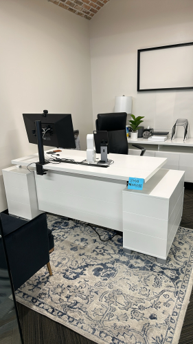 LOT OF ASSTD OFFICE FURNITURE: ADJUSTABLE HEIGHT DESK APPROX: 63&rdquo; x 31&rdquo; WITH (2) SIDE CABINETS, (1) CABINET APPROX: 62&rdquo; x 18&rdquo; x 30&rdquo; WITH OFFICE CHAIR, SIDE CHAIR AND COAT RACK (MONITOR NOT INCLUDED)
