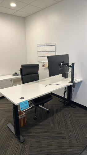 ADJUSTABLE HEIGHT DESK APPROX: 72&rdquo; x 30&rdquo; WITH (1) CABINET APPROX:72&rdquo; x 20&rdquo; x 24&rdquo; WITH OFFICE CHAIR (MONITOR NOT INCLUDED)