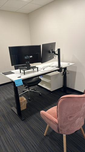 ADJUSTABLE HEIGHT DESK APPROX: 72&rdquo; x 30&rdquo; WITH CABINET APPROX:72&rdquo; x 20&rdquo; x 24&rdquo; WITH OFFICE CHAIR & (2) SIDE CHAIRS (MONITOR NOT INCLUDED)