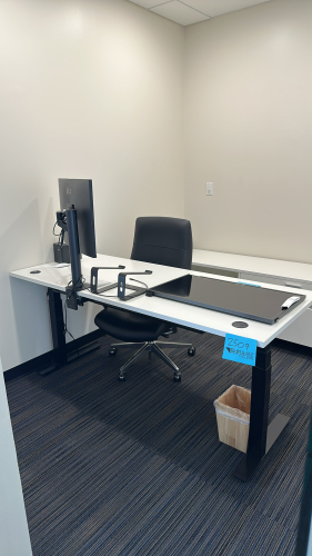 ADJUSTABLE HEIGHT DESK APPROX: 72&rdquo; x 30&rdquo; WITH CABINET APPROX:72&rdquo; x 20&rdquo; x 24&rdquo; WITH OFFICE CHAIR (MONITOR NOT INCLUDED)