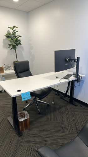 ADJUSTABLE HEIGHT DESK APPROX: 72&rdquo; x 30&rdquo; WITH (1) CABINET APPROX:72&rdquo; x 20&rdquo; x 24&rdquo; WITH OFFICE CHAIR (MONITOR NOT INCLUDED)