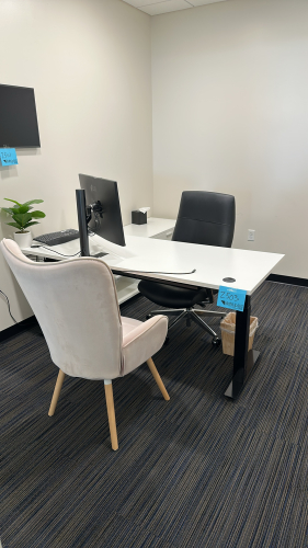 ADJUSTABLE HEIGHT DESK APPROX: 72&rdquo; x 30&rdquo; WITH CABINET APPROX:72&rdquo; x 20&rdquo; x 24&rdquo; WITH OFFICE CHAIR & (1) SIDE CHAIR (MONITOR NOT INCLUDED)