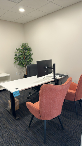 ADJUSTABLE HEIGHT DESK APPROX: 72&rdquo; x 30&rdquo; WITH CABINET APPROX:72&rdquo; x 20&rdquo; x 24&rdquo; WITH OFFICE CHAIR & (2) SIDE CHAIRS (MONITOR NOT INCLUDED)