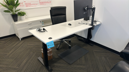 ADJUSTABLE HEIGHT DESK APPROX: 72&rdquo; x 30&rdquo; WITH (1) CABINET APPROX:72&rdquo; x 20&rdquo; x 24&rdquo; WITH OFFICE CHAIR (MONITOR NOT INCLUDED)