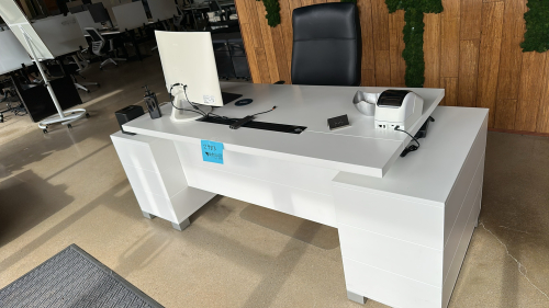 RECEPTION DESK APPROX: 63&rdquo; x 31&rdquo; x 29&rdquo; WITH 2 SIDE CABINETS , OFFICE CHAIR, 2 STORAGE BENCHES & 27&rdquo; SAMSUNG MONITOR
