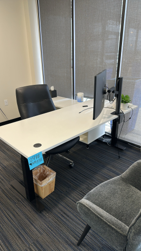 ADJUSTABLE HEIGHT DESK APPROX: 72&rdquo; x 30&rdquo; WITH CABINET APPROX:72&rdquo; x 20&rdquo; x 24&rdquo; WITH OFFICE CHAIR, COAT RACK & (2) SIDE CHAIRS (MONITOR NOT INCLUDED)