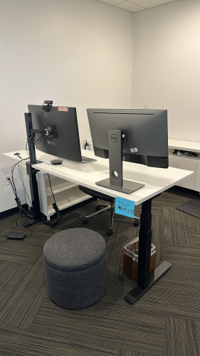 ADJUSTABLE HEIGHT DESK APPROX: 72&rdquo; x 30&rdquo; WITH (1) CABINET APPROX:72&rdquo; x 20&rdquo; x 24&rdquo; , (1) CABINET APPROX: 62&rdquo; x 18&rdquo; x 30&rdquo; WITH OFFICE CHAIR (MONITOR NOT INCLUDED)