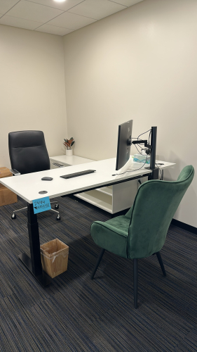 ADJUSTABLE HEIGHT DESK APPROX: 72&rdquo; x 30&rdquo; WITH CABINET APPROX:72&rdquo; x 20&rdquo; x 24&rdquo; WITH OFFICE CHAIR & (1) SIDE CHAIR (MONITOR NOT INCLUDED)
