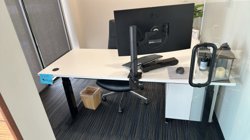 ADJUSTABLE HEIGHT DESK APPROX: 72&rdquo; x 30&rdquo; WITH CABINET APPROX:72&rdquo; x 20&rdquo; x 24&rdquo; WITH OFFICE CHAIR & SIDE CHAIR (MONITOR NOT INCLUDED)