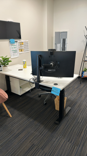 ADJUSTABLE HEIGHT DESK APPROX: 72&rdquo; x 30&rdquo; WITH CABINET APPROX:72&rdquo; x 20&rdquo; x 24&rdquo; WITH OFFICE CHAIR, COAT RACK & (1) SIDE CHAIR (MONITOR NOT INCLUDED)