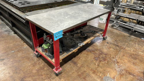 METAL TABLE WITH CASTERS APPROX: 6&rsquo; x 30&rdquo; x 35&rdquo; WITH WILTON VISE
