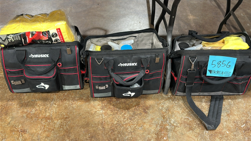 LOT OF (3) HUSKY TOOL BAGS WITH ASSTD CHEM GUYS CAR WASH SUPPLIES: CHEM GUYS SOAP, CHEM GUYS DEGREASE, TIRE SHINE