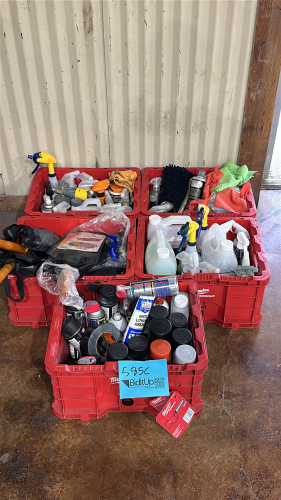 LOT OF (5) MILWAUKEE TOOL CRATES WITH ASSTD SUPPLIES: CHEM GUYS SOAP, CHEM GUYS POLISH, CHEM GUYS TIRE SHINE, WD40, TOWELS, CAR DUSTERS