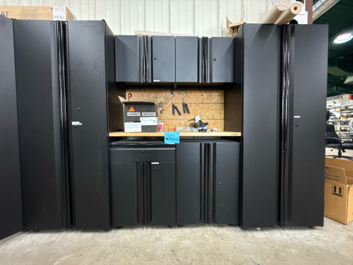 7 PIECE REGULAR DUTY WELDED STEEL GARAGE STORAGE BLACK WITH ASSTD CONTENTS: ADHESIVES, THVEK SUITS & PAINT BRUSHES