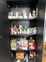 7 PIECE REGULAR DUTY WELDED STEEL GARAGE STORAGE BLACK WITH ASSTD CONTENTS: ADHESIVES, THVEK SUITS & PAINT BRUSHES - 5