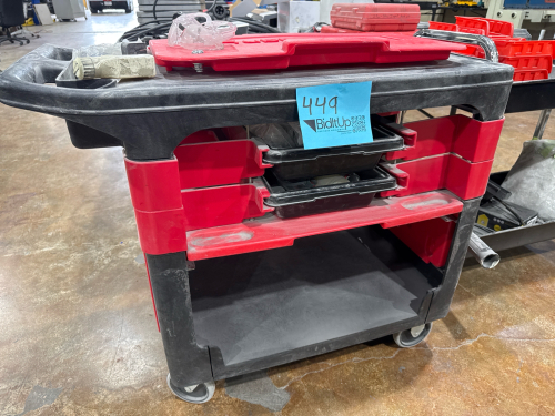 LOT OF (1) RUBBER MAID TRADES CART WITH CASTERS & (1) UTILITY CART