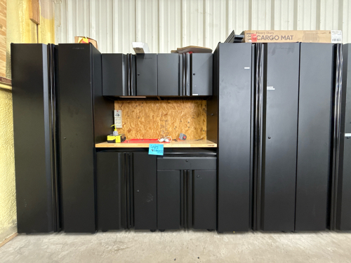 7 PIECE REGULAR DUTY WELDED STEEL GARAGE STORAGE BLACK WITH ASSTD CONTENTS: RUBBER GLOVES , LUBRICANTS