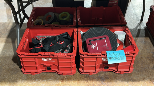 LOT OF (4) MILWAUKEE PACKOUT CRATES WITH ASSTD CONTENTS: TAPE, FIRST AID JIT, BELT TOOL HOLDERS