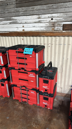 LOT OF (3) MILWAUKEE PACKOUT 3 DRAWER TOOL BOXES WITH ASSTD CONTENTS: HAMMERS, PLIERS & SCREW DRIVERS WITH (2) MILWAUKEE PACKOUT TOOL BOXES