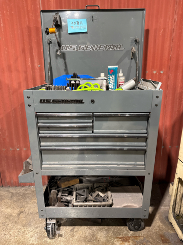 US GENERAL 30&rdquo; 5 DRAWER MECHANICS CART WITH ASSTD TOOLS: PROMO KIT, CUTTING TOOLS, DRILL BITS & END BILLS
