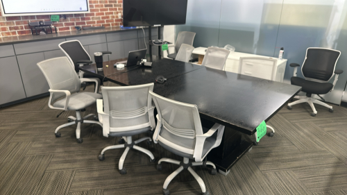 (2) Wood Tables 47&rdquo; X 47&rdquo; X 30&rdquo; (2) credenza, (1) Side Table and (10) Office Chairs