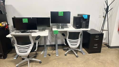 (2) Varidesk Electric Lift Desk 47&rdquo; X 30&rdquo; W/ (2) Office Chairs, Hat Rack and 2 Drawer File Cabinet