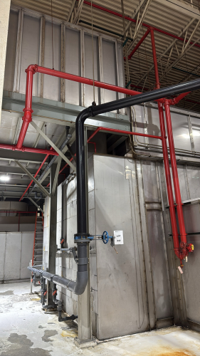 18' FT LONG STEEL CONSTRUCTION PRIME BOOTH (BOTTOM) (TOP UNIT): AIR HOUSING UNIT WITH 5 DOORS AND NORTHERN BLOWER EXHAUST FAN UP-BLAST SIZE 3300 CL 2X ,APPROX.: 34' ft long with blower x 152"WIDE X 99"HEIGHT, AND MEZZANINE WITH STAIRCASE, (LOCATION: PLANT