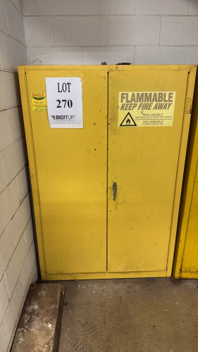 EAGLE FLAMMABLE CABINET 60 GAL. MODEL: YPI-47 43&rdquo; X 18&rdquo; X 65&rdquo; (BROKEN DOOR HINGE)
