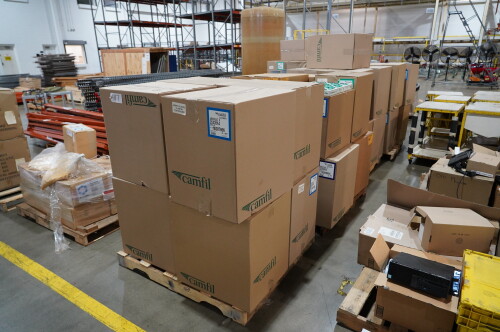 CAMFIL AIR FILTERS ON (7) SKIDS ; AEROPLEAT III 25X20X4, AEROPLETE III 25X20X2, AEROPLETE III25X16X2, AND COLUMBUS INDUSTRIES P4S10-2025 20X25X3