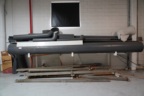 ASSORTED PLASTIC PVC PIPING ON CANTILIVER RACKING ; WITH STAINLESS STEEL SCRAP BELOW