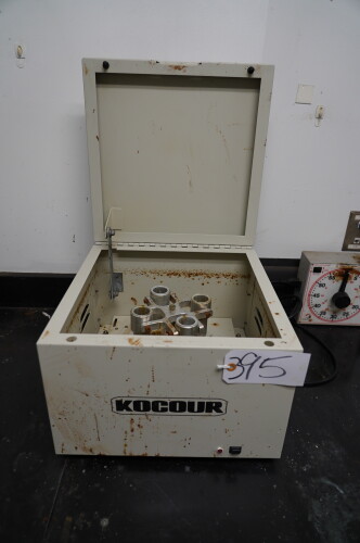 KOCOUR CENTRIFUGE ; 4 PLACE, ELECTRIC, 220 VOLT, WITH 4 BOXES OF KIMBLE DISPOSABLE CULTURE TUBES