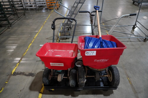 PALLET WITH (2) SALT SPREADERS, (1) ULINE LINE SPRAYER AND (2) GAS CANS ;