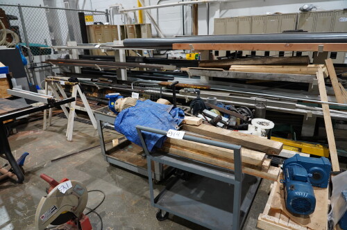 ASSORTED SCRAP METAL AND PLASTIC IN TOOL ROOM ; 2 CARTS WITH SCRAP, SAW HORSES,