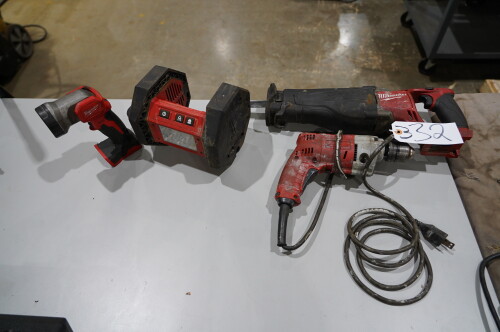 MILLWAUKEE PORTABLE LIGHT, ELECTRIC DRILL, AND RECIPROCATING SAW;