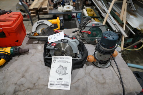 (3) CIRCULAR SAWS AND (1) BOSCH ROUTER; (1) PORTER CABLE, (1) DEWALT CORDLESS, (1) SKIL