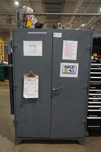2 DOOR STEEL STRONG HOLD CABINET ; WITH CONTENTS TO INCLUDE HAND TOOLS, HELICOILS, TOOL BITS, AND TAPS