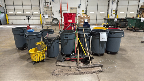 TRASH CANS, BROOMS AND MOP