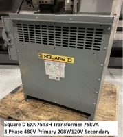 Square D model EXN75T3H 75KVa transformer. 3 phase, 480 V Primary. 208Y /120V secondary - 2