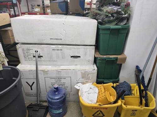 Contents of Janitorial Closet - Decorations, Cleaning Supplies, ProForce Vacuum, Sinks