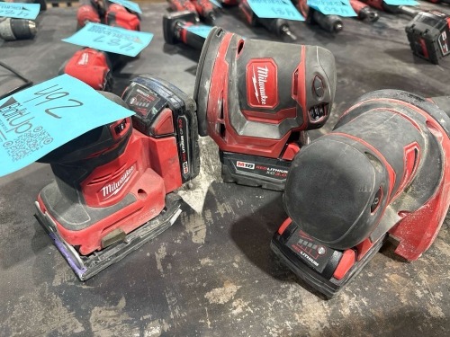 LOT OF (3) ASSTD MILWAUKEE 5ORIBIT SANDERS: (2) 5&rdquo; SANDER CAT NO: 2648-20, (1) 1/4 SHEET SANDER CAT NO: 2649-20 WITH BATTERIES