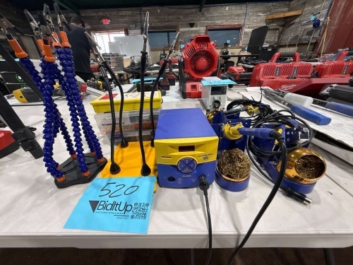 LOT OF ASSTD SOLDERING SUPPLIES: (1) HAKKO FM-203 , (1) HAKKO FM-2023, (1) HAKKO FM-2027, TERMINALS & THIRD HAND SOLDERING STATIONS