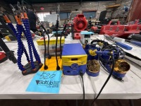 LOT OF ASSTD SOLDERING SUPPLIES: (1) HAKKO FM-203 , (1) HAKKO FM-2023, (1) HAKKO FM-2027, TERMINALS & THIRD HAND SOLDERING STATIONS
