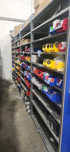 LOT OF (4) SECTIONS OF 50.5" x 18" x 85" Metal Shelving Only CONTENTS NOT INCLUDED DELAYED PICKUP