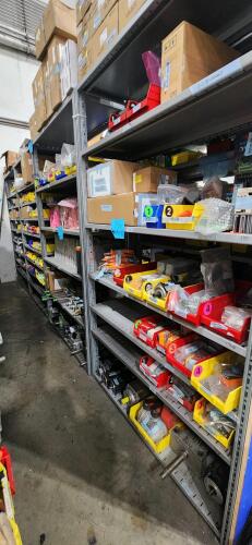 LOT OF (4) SECTIONS OF 50.5" x 18" x 85" Metal Shelving Only CONTENTS NOT INCLUDED DELAYED PICKUP