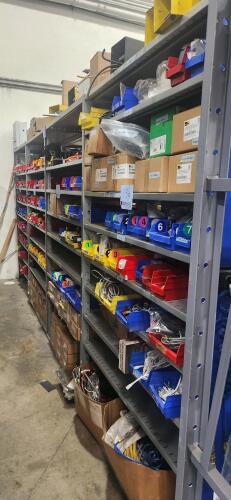 LOT OF (4) SECTIONS OF 50.5" x 18" x 85" Metal Shelving Only CONTENTS NOT INCLUDED DELAYED PICKUP