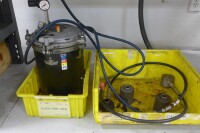 Testing Station including Carver 2759-1 Hydraulic Press, Hydraulics International 5L-SD-230 Air Driven Liquid Pump, Pressure Chamber, Gauges, Accessories & Table - 5