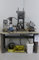 Testing Station including Carver 2759-1 Hydraulic Press, Hydraulics International 5L-SD-230 Air Driven Liquid Pump, Pressure Chamber, Gauges, Accessories & Table - 11