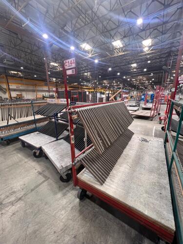 Lot of (6) Metal rolling carts used for Glass Transport with Angled Rod Holders and Platform Base